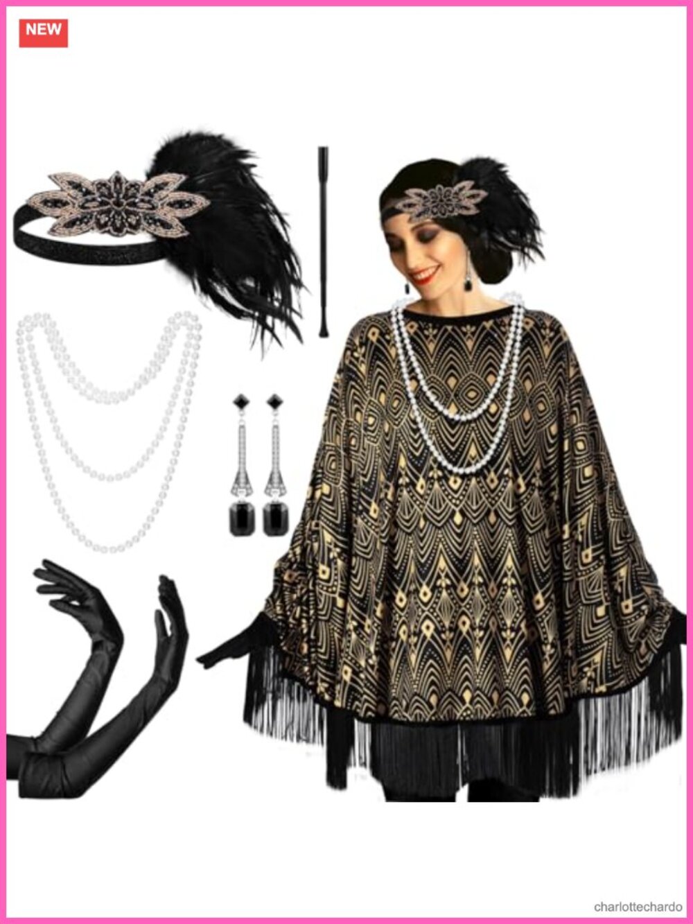 1920s Flapper Costume Accessory Set Poncho Gloves Headband Necklace Earrings